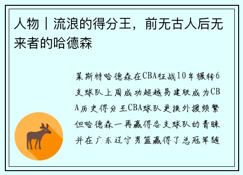 人物｜流浪的得分王，前无古人后无来者的哈德森